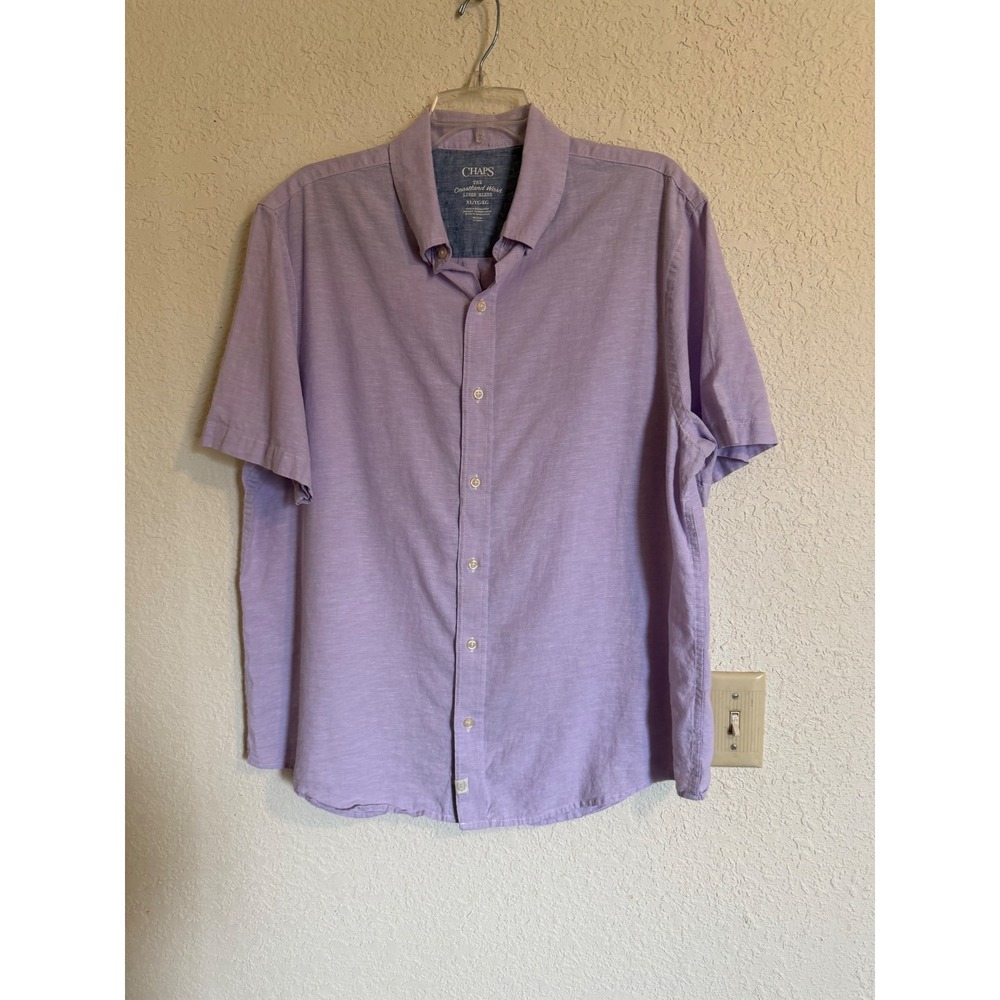 Chaps Mens XL Coastland Wash Linen Blend Short Sleeve Button Down Shirt Purple - Picture 8 of 9